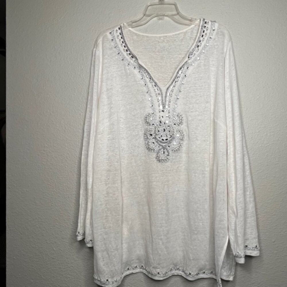 INC International Concepts XXL Linen Embellished Silver Pearl V-Neck Top - Picture 15 of 15
